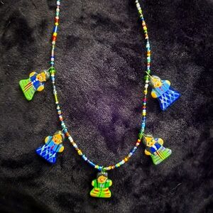 Vintage Handpainted Clay Folk Costume Girl Charms Seed Beads Ethnic 20" Necklace